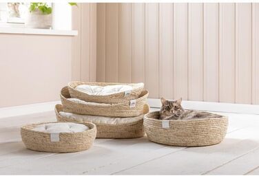 Кругле ліжко Dehner Premium Lovely для котів та собак, 58 x 48 x 18 см, наповнювач з натуральних матеріалів та плюшу, білий/бежевий колір