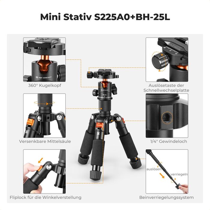 Міні штатив K&F Concept S225A1+BH-25: компактний штатив для камери з кульковою головкою 360°, 52 см, з тримачем для телефону, для Canon/Sony/Nikon/Fujifilm, до 6 кг