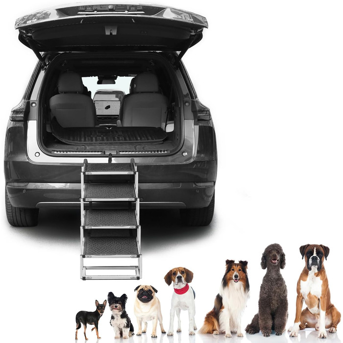 QWORK® 4-Step Folding Dog Stairs for Car - Adjustable Height, Anti-Slip, Up to 80kg