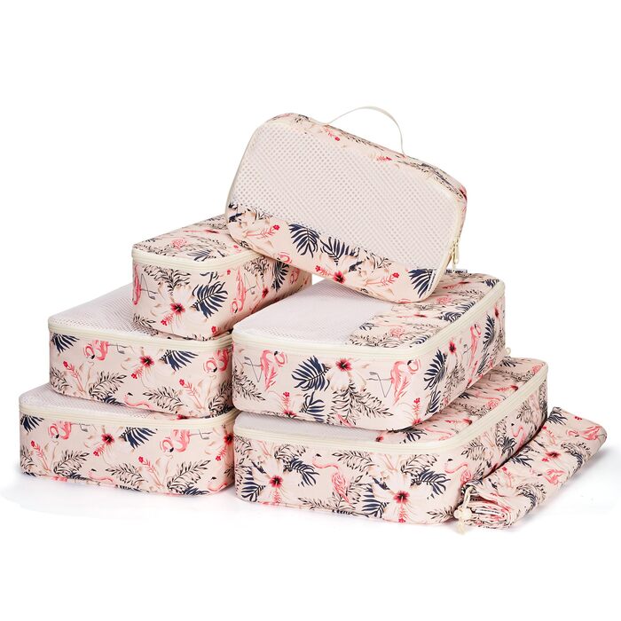 Органайзер для валізи Narwey 7 шт. Набір кубиків для пакування, рюкзак, органайзер для подорожей, дорожні сумки (Смугастий) (Z-бежевий Фламінго)