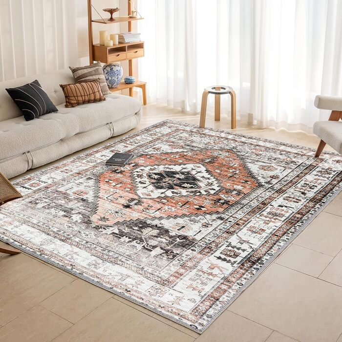 OMERAI Rug - Living Room Rug 200X290CM, Bedroom Rug Orange Oriental Style Soft, Short Pile Carpet - Washable in Washing Machine Rugs Orange 200 x 290 cm