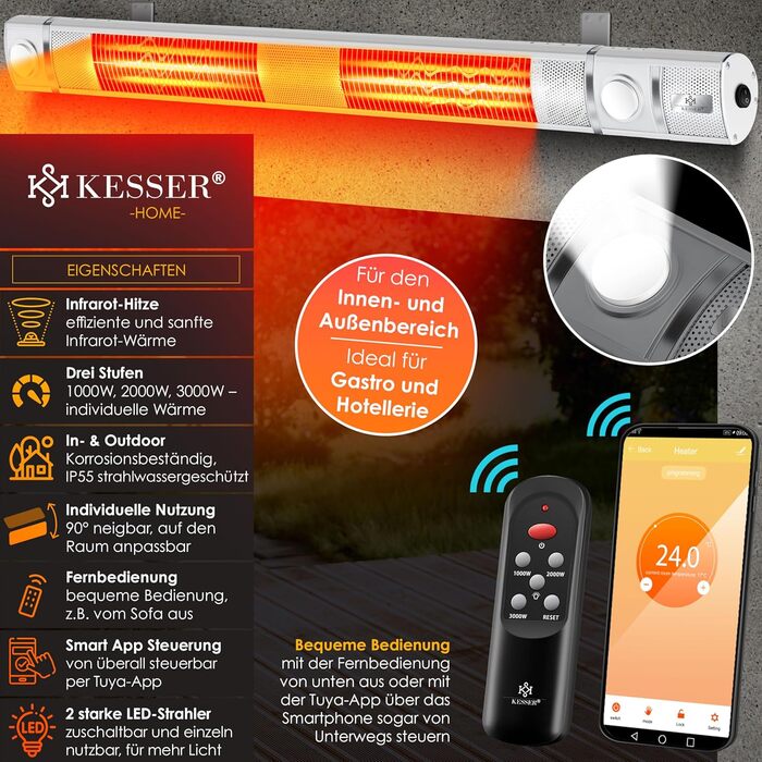 Інфрачервовий обігрівач KESSER® 3000W з LED-підсвічуванням, WiFi та пультом дистанційного керування. Підходить для тераси, кафе, бару. Обігрівач на стіну, кварцовий, з захисним чохлом.