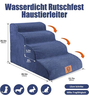 Pet Stairs, Dog Stairs 50cm High, 4-Step Pet Stairs, Removable Non-Slip Foam Dog Ramp, Dog Stairs for Small Dogs and Cats, Washable Cat Stairs (4-Step Pet Stairs, blue)