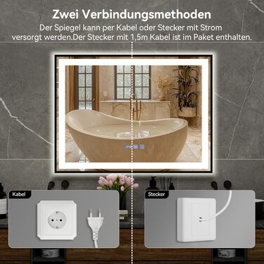 Дзеркало для ванної кімнати YU YUSING з підсвічуванням 60x80 см, антизапар, 3 кольори світла, регулювання яскравості, LED-дзеркало з годинником, IP44, вертикальне, срібло (чорний металевий каркас, 70x50 см)