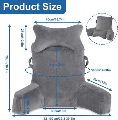 Крісло-мішок для читання, 90 x 80 см, XXL спинка, з підлокітником та знімною подушкою для шиї, сіре
