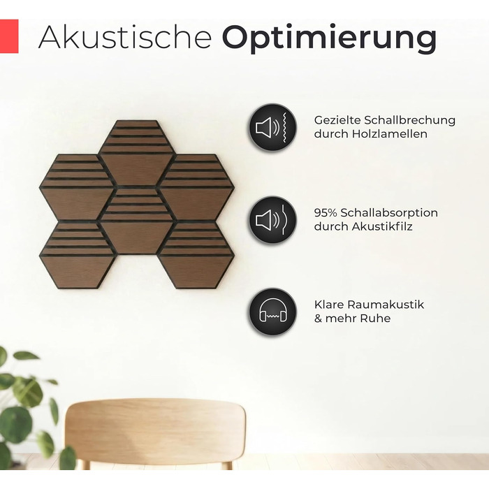 Акустичні гексагональні панелі з натурального горіха та чорного фетру, самоклеючі 3D-панелі для звукоізоляції стін, набір 9 шт (30x26 см)