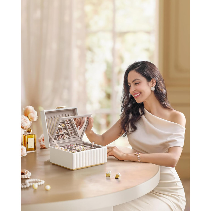 SONGMICS HOME ANAH: Шкатулка для прикрас з дзеркалом, 2 ящики, білий колір, 21.5 x 24 x 13.5 см