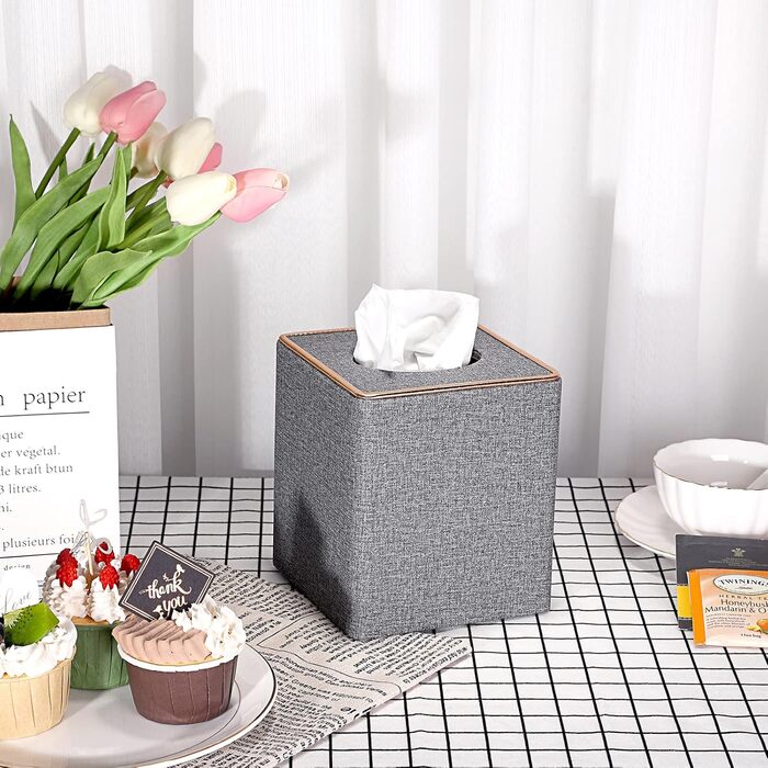 BTSKY Square Tissue Box Cover in Linen with Decorative Gold Line – Cube-Shaped Tissue Paper Holder, Tissue Storage, Organizer, Tissue Box Dispenser, Serviette Box, Gray