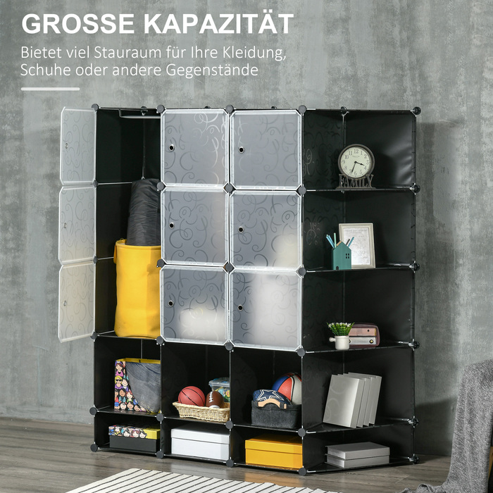 HOMCOM DIY Closet Organizer System with 16 Cubes and 2 Rods DIY Cube Shelf, Storage Shelf for Clothes, Shoes, Black 145 x 46 x 162 cm | Aosom