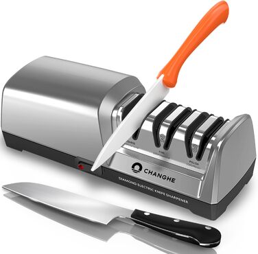 VERSAINSECT Точилка для ножів - електрична, для кухонних та керамічних ножів, 15°, з алмазним абразивом, 3-ступенева, срібна