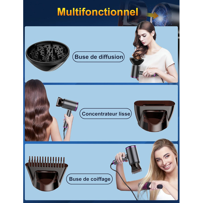 Фен Föhn 2400W з іонізацією, складний, для професійного та домашнього використання. Швидка сушка, гаряче/холодне повітря, мотор AC, дифузор, сумка (Сіро-фіолетовий)