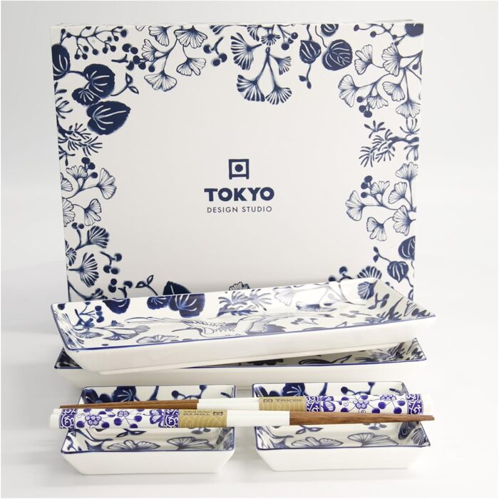 Набір для суші Flora Japonica Tokyo Design Studio (6 предметів) - блакитно-білий, порцеляна, японський дизайн, з подарунковою упаковкою