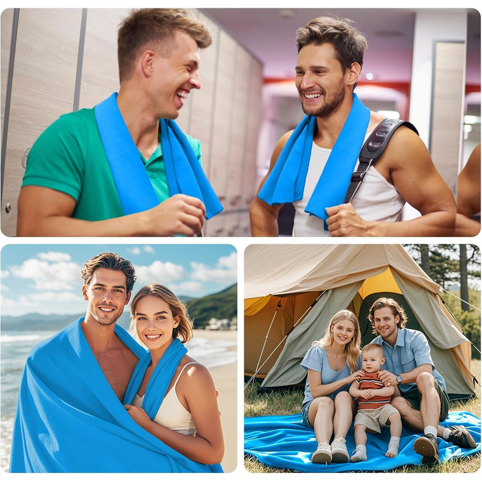 Набір з 3 рушників з мікрофібри: великий 180x90 см та 2 маленькі 80x40 см. Швидковисихаючі рушники з мікрофібри для спорту, подорожей, басейну та пляжу (небесно-блакитний)