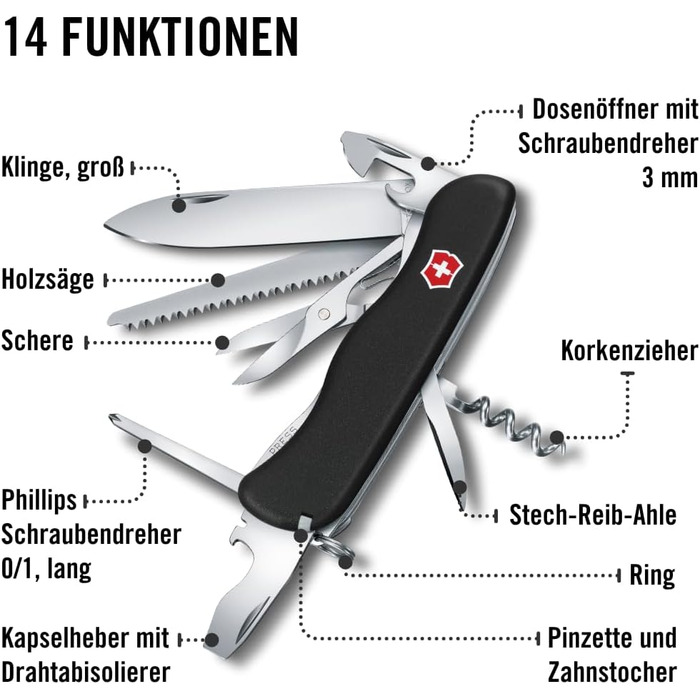 Мультитул Victorinox Outrider, Швейцарський армійський ніж, 14 функцій, чорний
