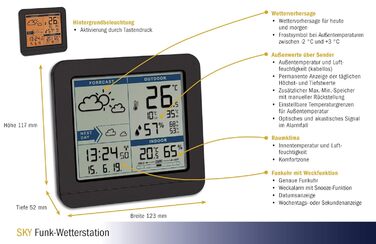 TFA Dostmann digital radio weather station SKY, 35.1152.01, with outdoor sensor, temperature & humidity inside/outside, weather forecast, high/low values, radio clock, 123 x 52 x 117 mm, black