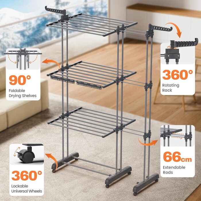 Сушарка для білизни Huracan 2в1: тур, розкладна, висувна, сіра. 3 яруси, 2 тримачі для шкарпеток та білизни.