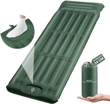MILFECH Килимок для кемпінгу самонадувний, 14 см, з інтегрованими подушками та насосом для ніг, ультралегкий, водонепроникний, для відпочинку на природі, туризму, зелений