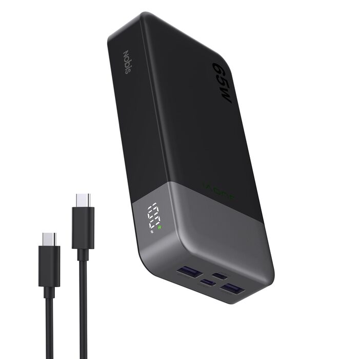 Power Bank NOBIS 20000mAh 65W USB-C PD QC з дисплеєм - для ноутбука, телефону, планшета (Чорний)