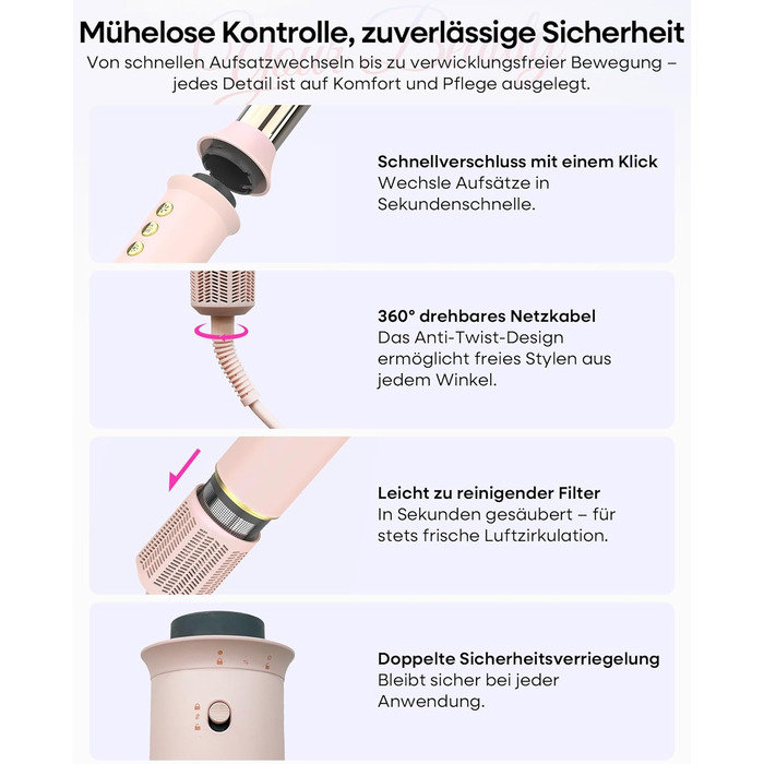 Аirstyler 7-в-1: Фен, плойка, брашинг, термощітка, автоматична завивка, іонізація, захист від пошкоджень, рожевий