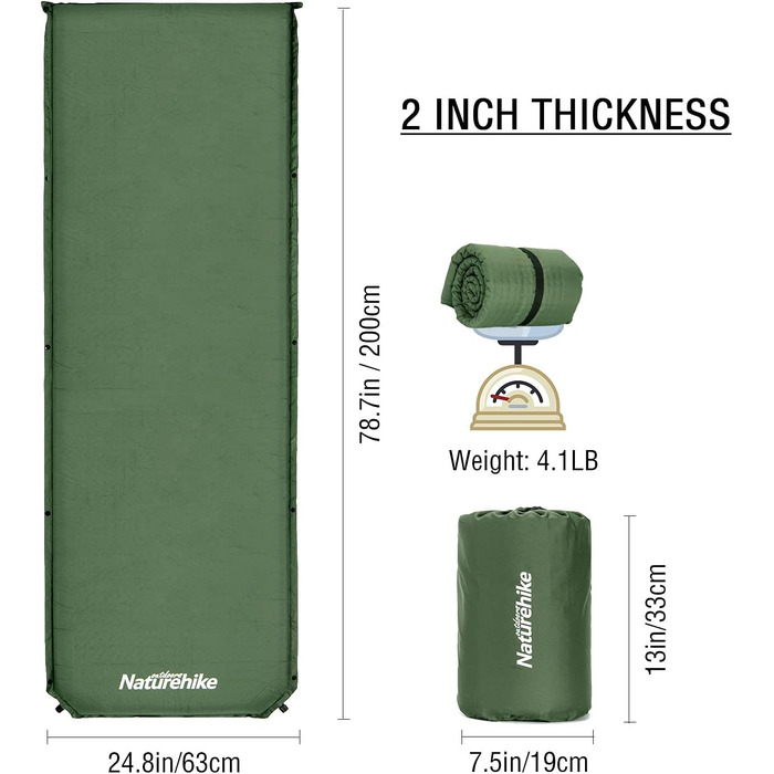 Надувний килимок для кемпінгу Naturehike - 6 см, сірий/темно-зелений, для подорожей та піших прогулянок