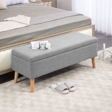 HOMCOM Лавка з оббивкою та місцем для зберігання 110 x 39 x 45 см сірого кольору з текстурою льону для передпокою, спальні, вітальні, виготовлена з гумового дерева.