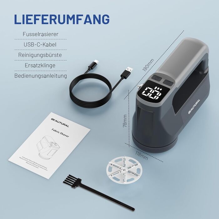 Машинка для видалення катишків Beautural: 3 швидкості, 6 лез, 1800mAh, LED, для одягу, меблів, ковдр, ворсу сірого кольору