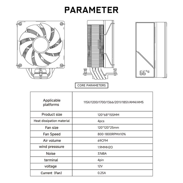Система водяного охолодження CPU TZMRIT KF420 DGT ARGB з дисплеєм температури, сумісна з Intel LGA 1700/1200/115X/1851/1366/2011 та AMD AM4/AM5 (чорний) KF420BK