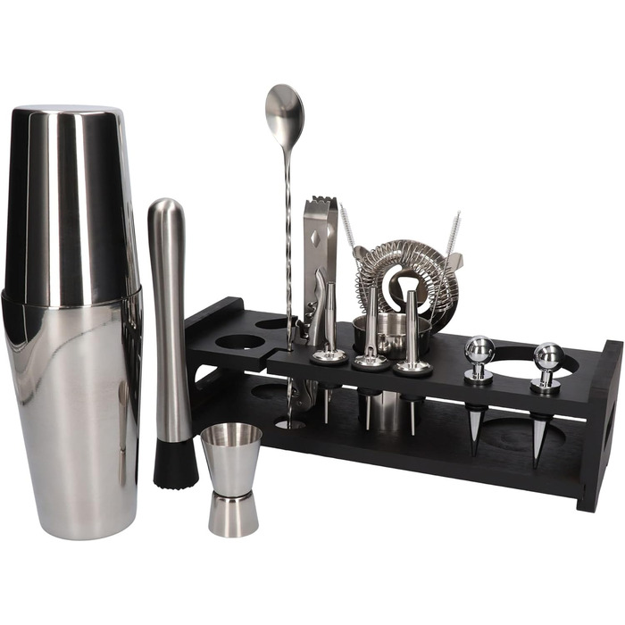 Набір для коктейлів Whiskey Rocks 17-Piece з бамбуковим підставкою: шейкер, мірний стакан, товкачик, ложка, з нержавіючої сталі, сріблястий