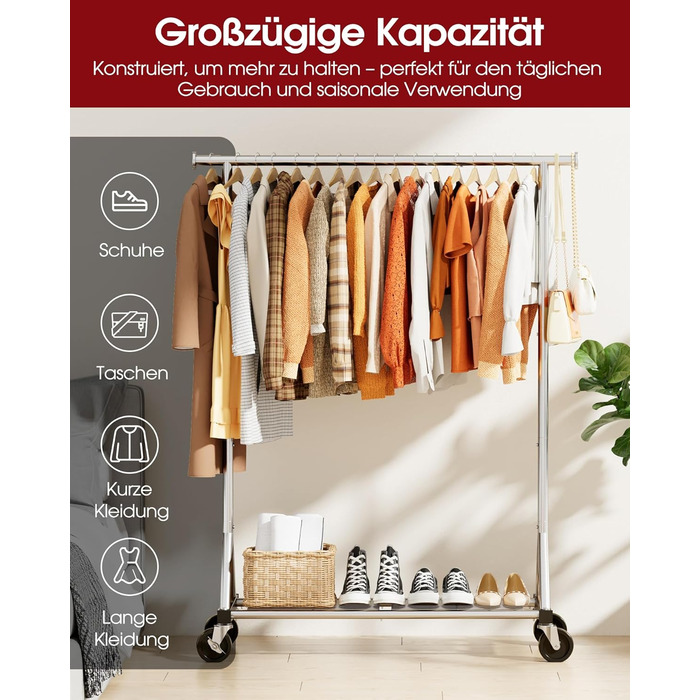 Стійка для одягу на колесах – міцна вішалка для одягу з металевої сітки, багатофункціональна стійка для гардеробу в спальню, пральню, магазин, 110 x 42 x 163.3 см, срібна