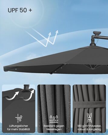 SONGMICS Patio Umbrella with LED Solar Lighting, Market Umbrella 300 cm Diameter, 32 LED Lights, with Stand, Sun Protection Balcony, Balcony Umbrella, UPF 50+, with Crank, for Terrace, Garden, Grey GPU118G01