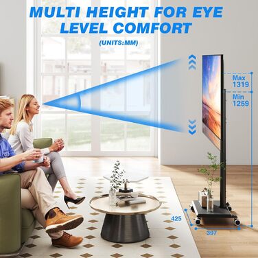 Мобільна підставка для телевізора з поличкою 27-60 дюймів, чорна. Регульована висота, поворотний механізм, VESA 400x400, до 40 кг