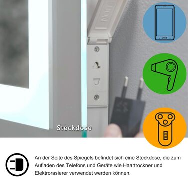 MIQU LED дзеркало для ванної кімнати з підсвічуванням 60x50 см, велике дзеркало для ванної кімнати з сенсорним регулюванням, тепле/біле світло, антизапар, настінне дзеркало для ванної кімнати, туалету, коридору, прямокутне з округлими кутами (3 кольори св