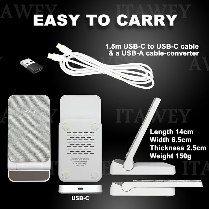 Бездротова зарядка 15W, складана, кабель 1.5м + USB-перехідник, сумісна з iPhone 15/14/13/12/11, Galaxy S25/S24/S23/S22/S21/S20/S10 та всіма Qi-телефонами, білий