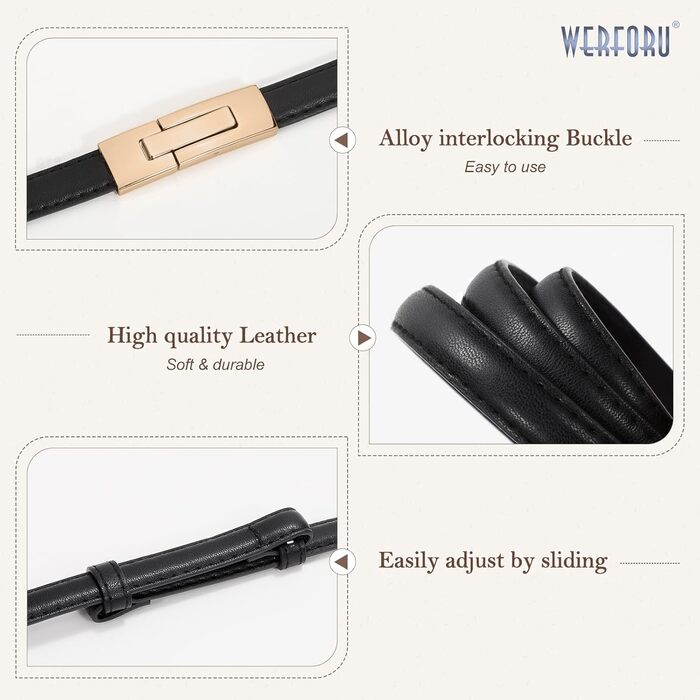 Жіночий шкіряний ремінь WERFORU - тонкий, регульований, з декоративною золотистою пряжкою, чорний+коричневий, довжина 105 см, розмір талії до 93 см