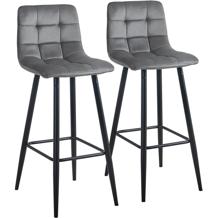 Velvet Bar Stools Set of 2 with Backrest - 66cm Counter Height - Grey