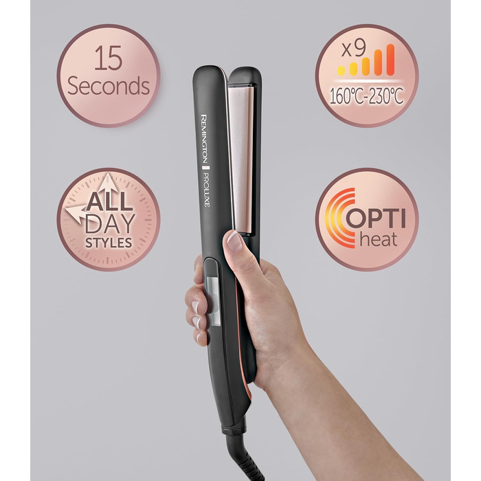 Випрямляч для волосся Remington Proluxe S9150B: широкі керамічні пластини, технологія OPTIheat, цифровий дисплей