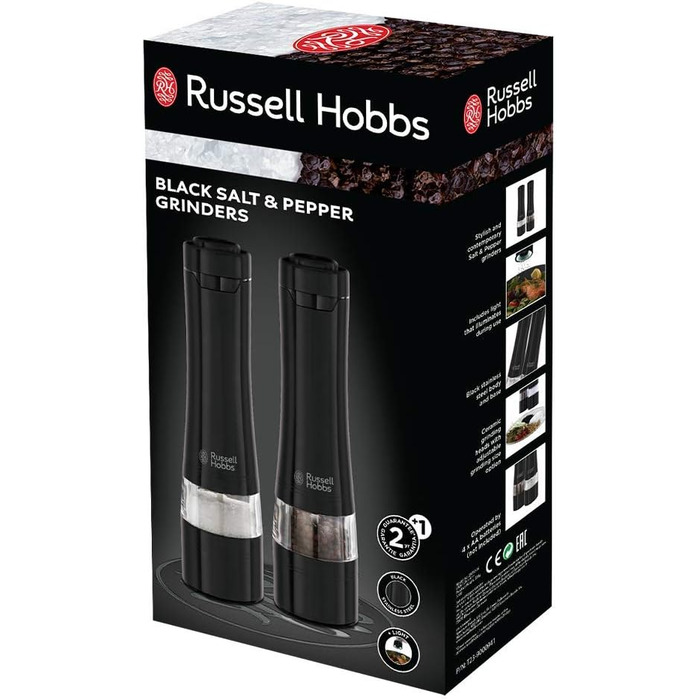 Електричні млини для солі та перцю Russell Hobbs 28010-56, керамічний механізм, чорні, набір 2 шт, для спецій і трав, регульований помел, LED підсвітка