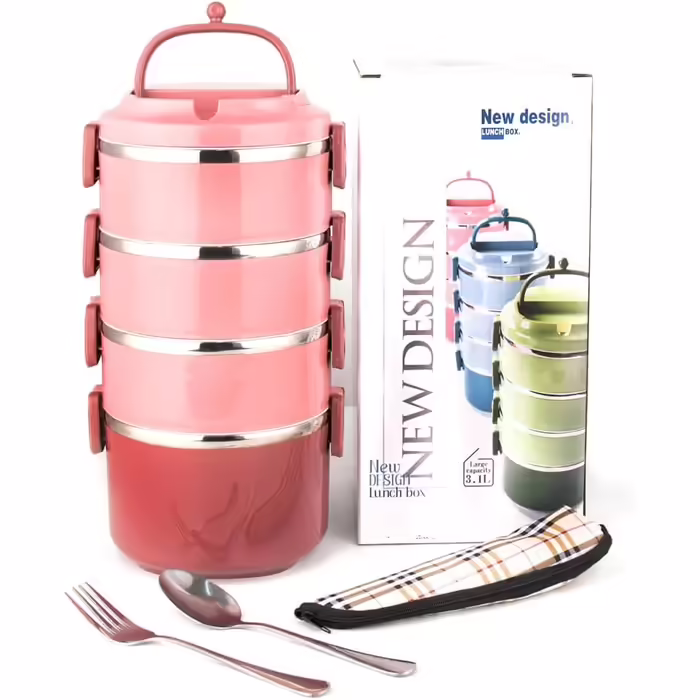 SANQIAHOME 4-Layer Multi-Layer Stackable Stainless Steel Lunch Box, Leak-Proof, Pink