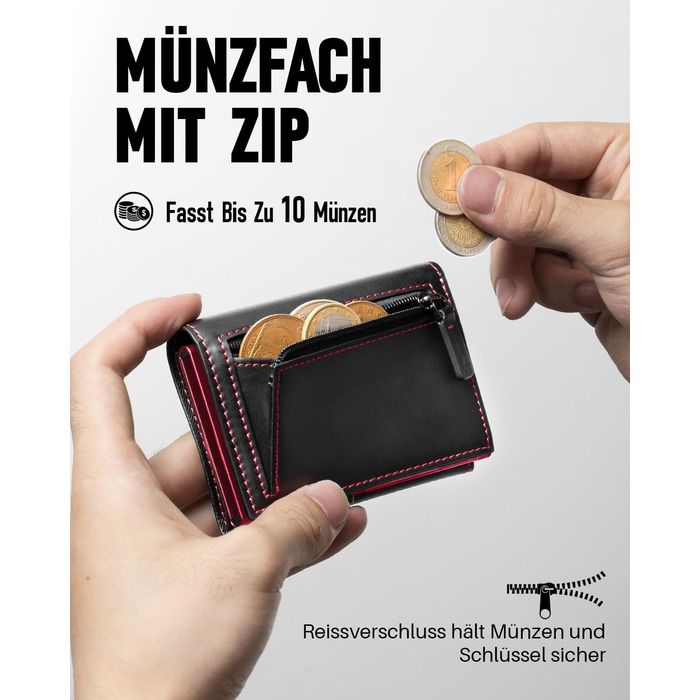 Чоловічий гаманець з RFID-захистом та відділенням для монет, Smart Wallet з вікном для документів, шкіряний гаманець для карт (чорно-червоний)