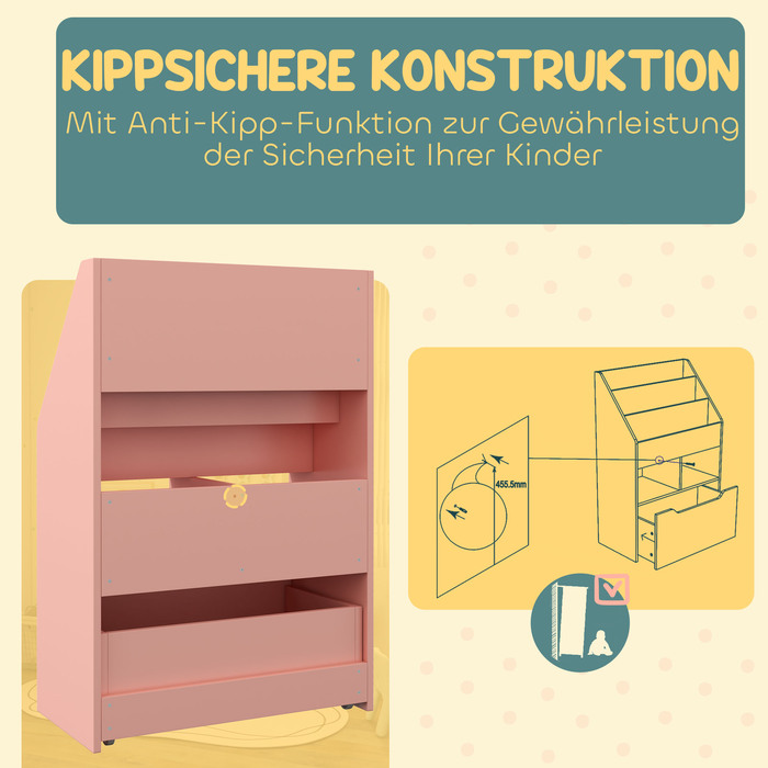 HOMCOM Kids Bookshelf, Children's Shelf with Drawer, 3 Storage Compartments and 2 Open Compartments, Storage Shelf for Kids' Room, Playroom, Pink, 60 x 29.9 x 90 cm | Aosom
