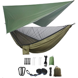 Набір гамаків для кемпінгу: гамак для одного/двох, москітна сітка, тент від дощу, міцний матеріал з парашутного полотна. Підходить для відпочинку на природі, піших прогулянок, кемпінгу та подорожей (зелений)