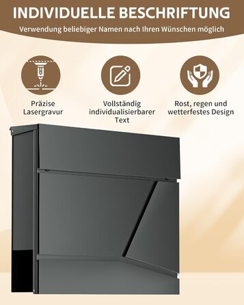 Поштовий ящик Edestahl Anthrazit з газетницею (37x37x10 см), персоналізований з табличкою для імені, вуличний, захист від реклами
