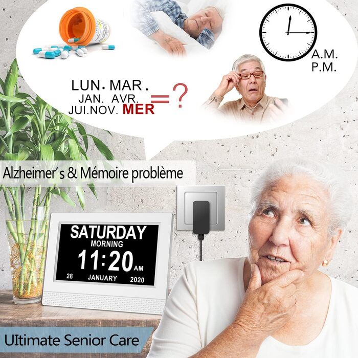 Hiseeyo 7-Inch Digital Clock, Digital Alarm Clock with Automatic Brightness Adjustment, Quiet LCD Display Alarm Clock with Humidity and Temperature for Adults and Children and Alzheimer's Disease
