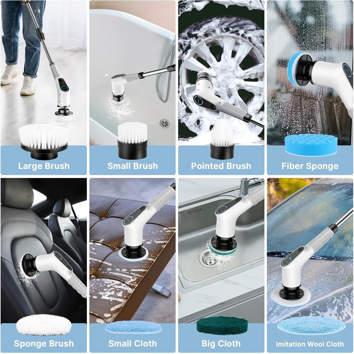 Electric Cleaning Brush, 8 in 1 Electric Cleaning Brush with Interchangeable Drill Brush Heads, Mop Set, Electric Scrub Brush with Adjustable Handle for Bathroom, Kitchen, Car, Floor
