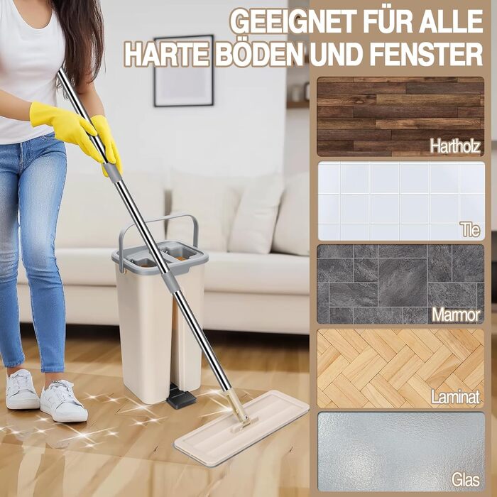 Набір для миття підлоги MASTERTOP з відром, моп з нержавіючою ручкою та 3 насадками, набір 2 в 1 з відром для вичавлювання, плоский моп для твердої підлоги, ламінату, плитки (Бежевий)