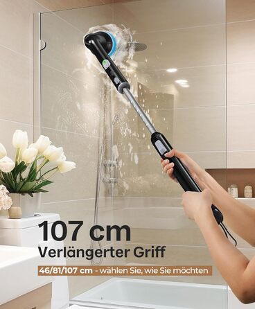 LyriFine Electric Cleaning Brush, New Full-Body IPX7 Waterproof Electric Cleaning Brush, Electric Cleaning Brush for Household Use with Long Handle, 2 Speeds, Replacement Heads for Bathroom (Full Black)