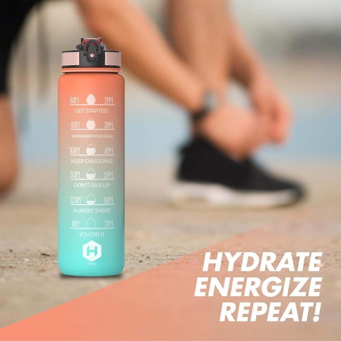 1L Water Bottle - BPA Free Water Bottle with Straw and Time Markers - Water Bottle for Bicycle, Outdoor, School, Running and Gym - Carbonated Drink Suitable (Orange & Light Green with Orange Cap)