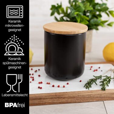 Керамічна банка Moritz & Moritz 600 мл з бамбуковою кришкою, чорна, для зберігання сипучих продуктів, кави, мюслі або ванних аксесуарів, з можливістю підпису