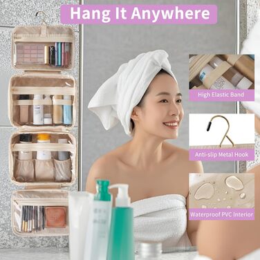 Жіноча/Чоловіча Туалетна Сумка для Подорожей з Металевим Гачком, PU-Шкіра, Велика Ємність, з Прозорим Вікном, Бежева