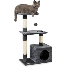 Lionto Scratching Post for Cats with Cave and Plush Ball incl. Bell, Height 85 cm, Cat Tree with Sisal & Plush, Cozy Resting Areas & Cave, Suitable for Small & Large Cats, (Dark Grey (with name tag))